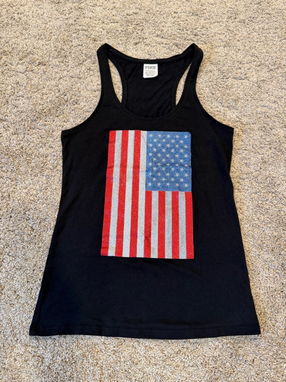 PINK Victoria's Secret Black Racerback Tank with Sparkle Flag Graphic
